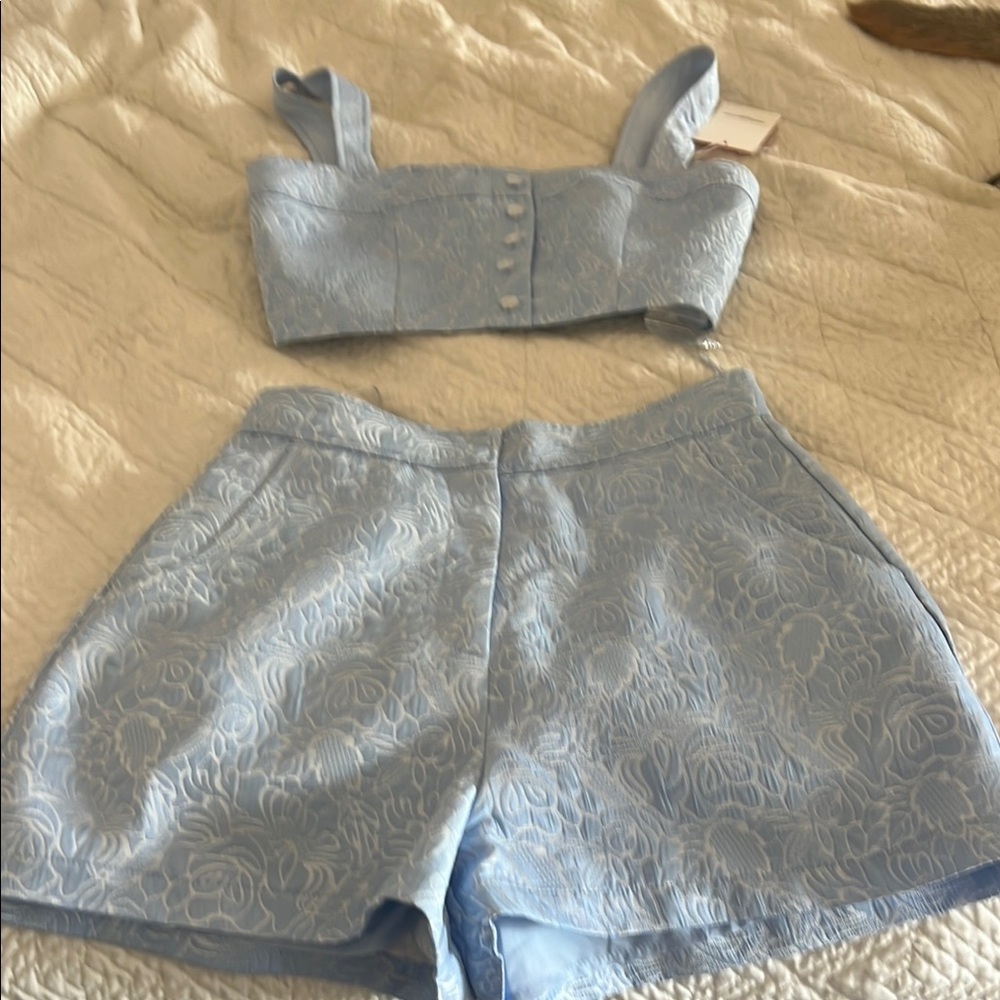 Amanda Uprichard Sky Blue Floral High Waist Shorts and Top
